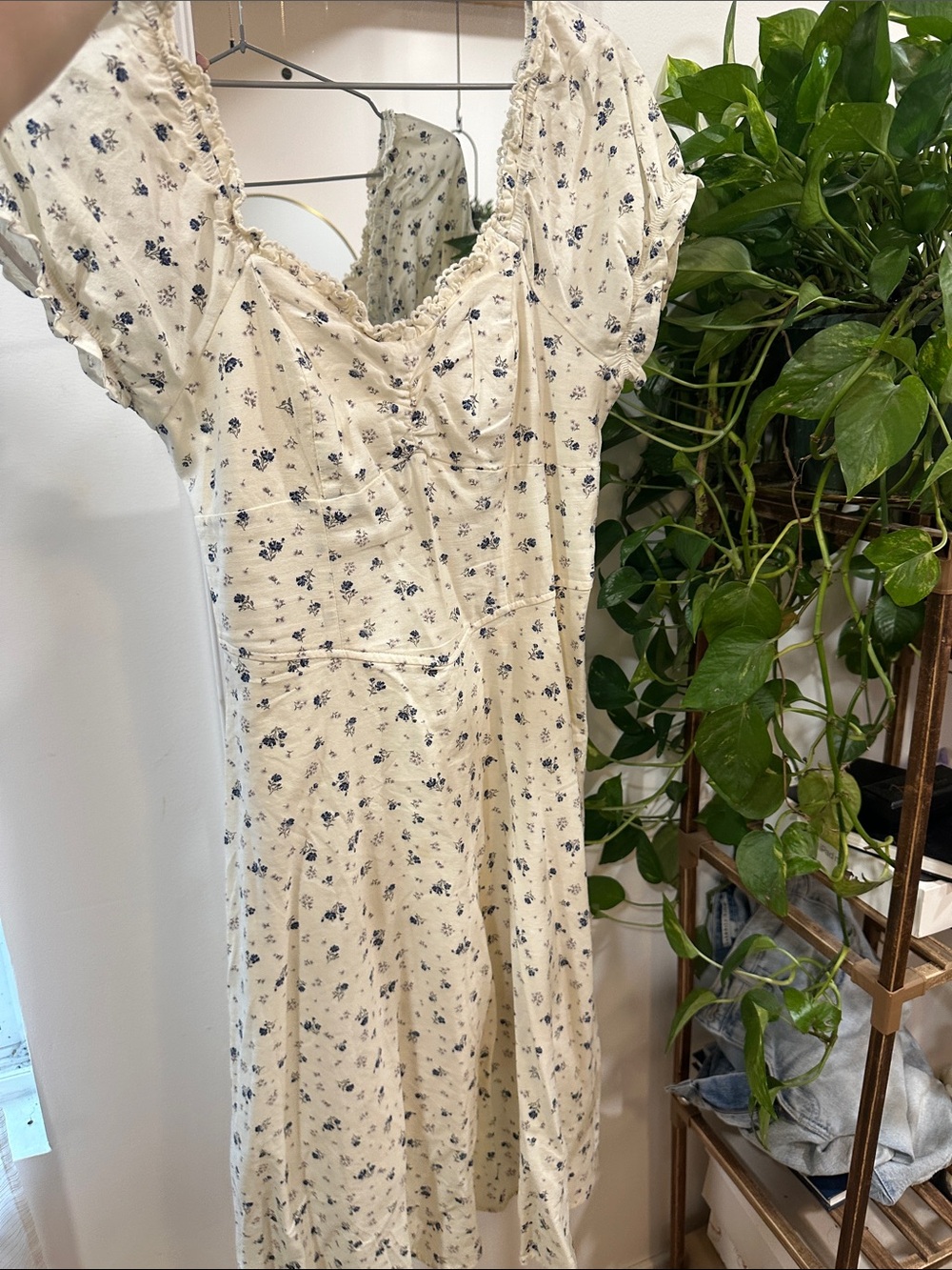 Celebrity Pink Cream Midi Dress with Blue Floral Print
